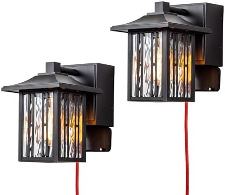 Outdoor Porch Lights with GFCI Outlet, Black Exterior Wall Lights Fixture for House, Patio Lights Wall Mount with Water Ripple Glass, Waterproof Outside Wall Sconce for House, 2 Packs by OupavocsOutdoorLighting