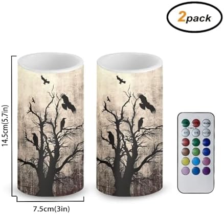 Flameless Candles Flickering Battery Operated Candles with Color Changing Timer Remote Control, Halloween Tree Crow Print LED Pillar Lights for Trick or Treat Party Dining Table - Image 2