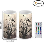 Flameless Candles Flickering Battery Operated Candles with Color Changing Timer Remote Control, Halloween Tree Crow Print LED Pillar Lights for Trick or Treat Party Dining Table - Image 2