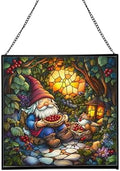 Berry Pie Gnome Picnic Stained Glass Suncatcher – Square Hanging Window Panel for Home or Greenhouse – Whimsical Glass Art Gift for Garden Lovers, Christmas, Halloween, Father Days jRypDB by Custom