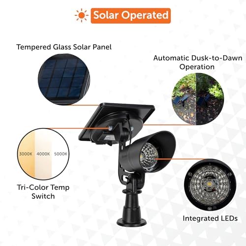 Gama Sonic Tri-Color Progressive Solar LED Spotlight with 100 Lumens, Outdoor Black Cast Aluminum, 3000K/4000K/5000K with Detachable Solar Panel (103i90090) - Image 6