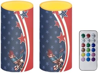 Eagle The Stars and Stripes Printed Flickering Flameless Candles, Decorative Battery Operated Candles Led Plastic Set of 2 Include Realistic Dancing LED Flames with Remote Control Timer by Merkmak