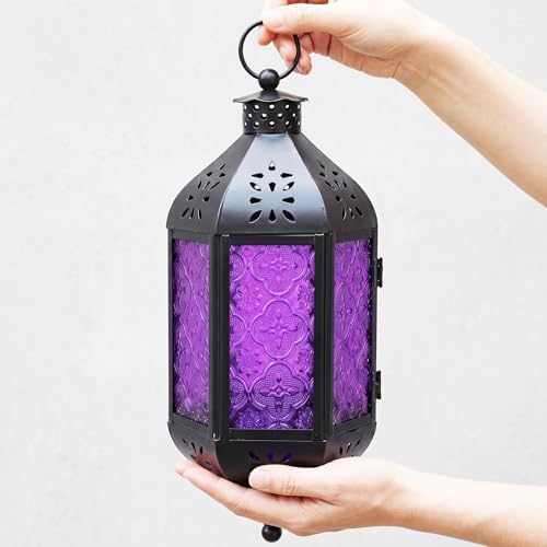 Vela Lanterns Hanging Moroccan Lantern with LED Twinkle Fairy Lights - Exotic Decorative Patio & Porch Decor, Indoor Outdoor Candle Lamp Holder with Chain (13" Large, Purple Glass) - Image 5
