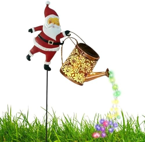Christmas Solar Lights Outdoor Metal Stake Santa Watering Can Lantern by Unknown