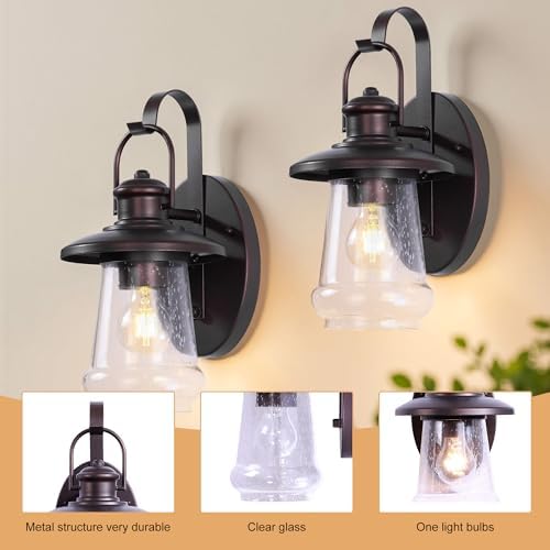 Pia Ricco Outdoor Wall Light Fixture - Oil Rubbed Bronze with Clear Seedy Glass, 12.8 Inch Exterior Sconce for Porch, Entryway, Doorway and Pathway Lighting - Image 4