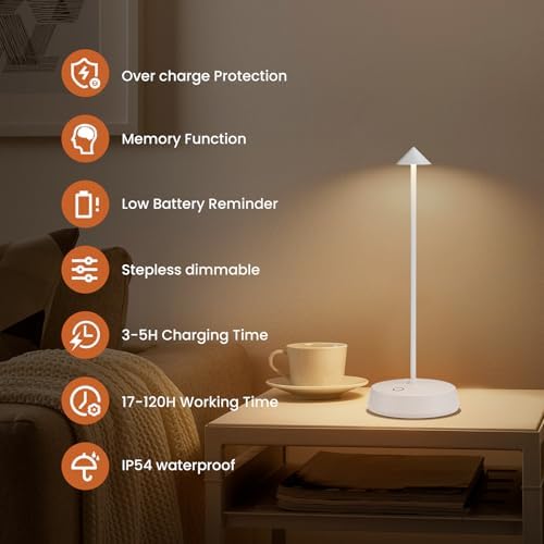 Cordless Table Lamp Rechargeable, Battery Operated 6000mAh Desk Lamp Touch Dimmable Lamp Outdoor Waterproof Portable Wireless Table Light, Small Table Lamp for Restaurant Bar/Outdoor(White-2PC) - Image 2