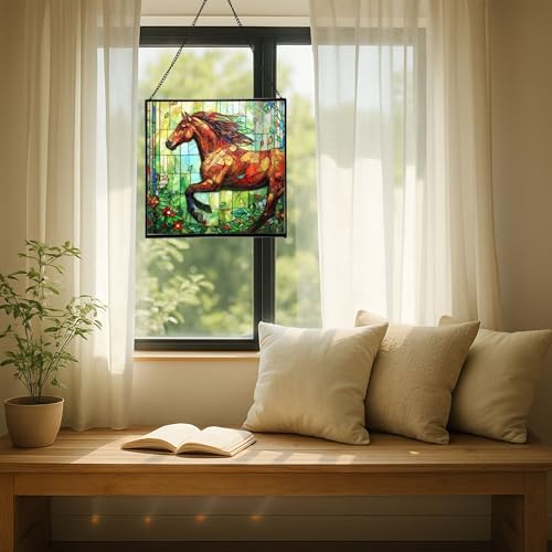 Brown Dutch Warmblood Horse Galloping Along Wild Hedgerow Square Suncatcher – Stained Glass Style Window Panel with Pastoral Scene, Custom Decorative Hanging Art for Equestrian Home, Christmas jib2gJ - Image 7