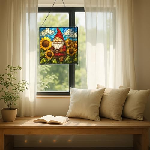 Sunflower Field Gnome Stained Glass Suncatcher – Square Hanging Window Panel for Home or Greenhouse – Whimsical Glass Art Gift for Garden Lovers, Christmas, Halloween, Father Days MDadjk - Image 7