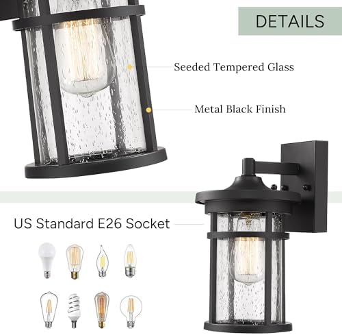 Casia Outdoor Wall Light Fixture, Black Porch Wall Sconce with Seeded Glass, Modern Farmhouse Exterior Lantern, E26 Base Outdoor Light for House, Entryway, Garage, Patio(12" H,1 Pack) - Image 4