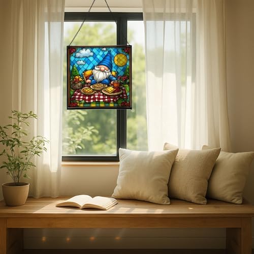 Baking Gnome Picnic Stained Glass Suncatcher – Square Hanging Window Panel for Home or Greenhouse – Whimsical Glass Art Gift for Garden Lovers, Christmas, Halloween, Father Days VW9vGA - Image 7