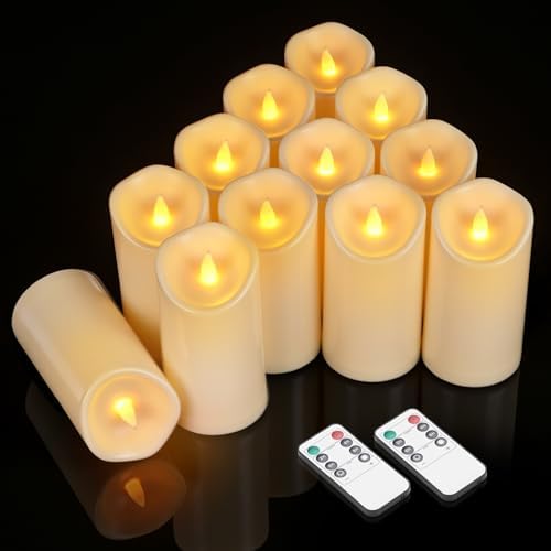 Bulk Set of 12 Outdoor Flameless Candles, Patented 3D Dual-LED Resin Pillars with 2 Remotes, Waterproof Non-Melting Battery Operated Wedding Aisle Decor, Ivory (D3 x H6) by Unknown