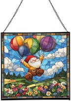 Balloon Flight Gnome Stained Glass Suncatcher – Square Hanging Window Panel for Home or Greenhouse – Whimsical Glass Art Gift for Garden Lovers, Christmas, Halloween, Father Days NzyS2A by Custom