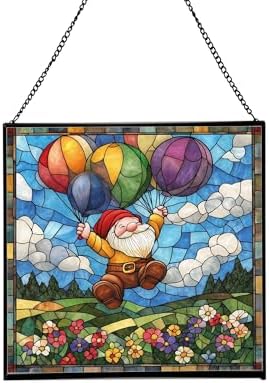 Balloon Flight Gnome Stained Glass Suncatcher – Square Hanging Window Panel for Home or Greenhouse – Whimsical Glass Art Gift for Garden Lovers, Christmas, Halloween, Father Days NzyS2A by Custom