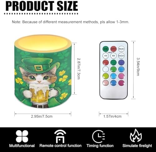 4 Pack Flameless Candles with 18-Key Remote Battery Operated Candles with Timer St Patrick's Day Flameless Pillar Tea Lights for Home Decorations, Cat Beer Shamrocks - Image 3