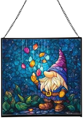 Rain Petal Gnome Stained Glass Suncatcher – Square Hanging Window Panel for Home or Greenhouse – Whimsical Glass Art Gift for Garden Lovers, Christmas, Halloween, Father Days El46GY by Custom