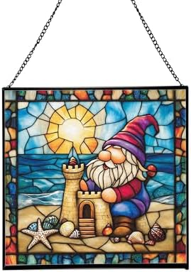 Beach Day Gnome Stained Glass Suncatcher – Square Hanging Window Panel for Home or Greenhouse – Whimsical Glass Art Gift for Garden Lovers, Christmas, Halloween, Father Days 0y3Ubp by Custom