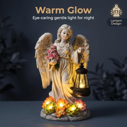 Solar Angel Statues Outdoor Garden Lawn Decor, 9.5" Resin Angel Statue with Solar Succulent & LED Lantern Lights Garden Patio, Yard Accessories, Fairy Sculpture and Figurine Decor Statue, Gift for Mom - Image 5
