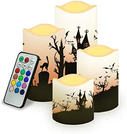 Halloween Flameless Candles with Remote Timer Real Wax Realistic Flickering Battery Operated LED Tealight Pillars with Pumpkin Castle Bat Spider Witch for Halloween Party Decorations by HELLHERO