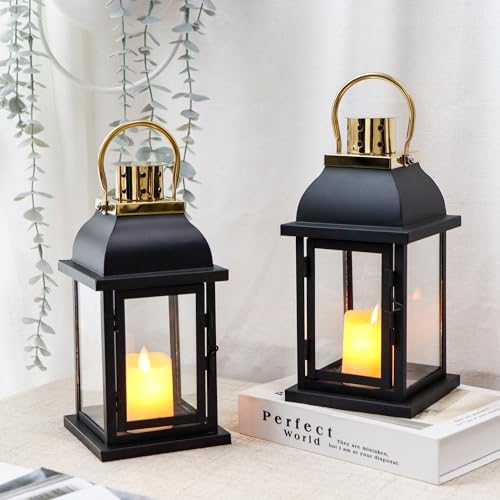 Set of 2 Decorative Candle Lantern 10'' High Black Hanging Candle Holder Metal Vintage Lantern Decor with Tempered Glass for Indoor Outdoor Home Table Patio Wedding - Image 6