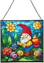 Gnome and Snail Friends Stained Glass Suncatcher – Square Hanging Window Panel for Home or Greenhouse – Whimsical Glass Art Gift for Garden Lovers, Christmas, Halloween, Father Days mID0zN by Custom