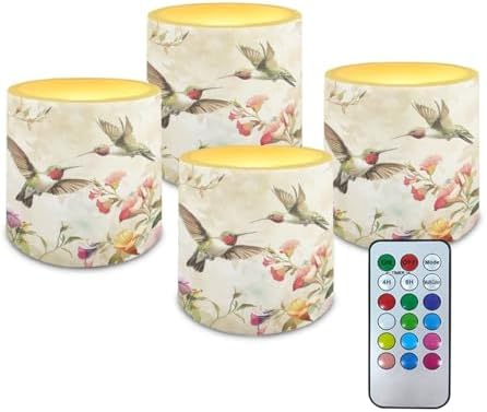 Flickering Flameless Candles with Remote Battery Operated Candles with Color Changing Timer Control LED Pillar Tea Lights for Patio Porch Banquet Home Decorations, Vintage Floral Hummingbird by Merkmak