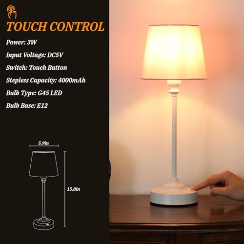 Cordless Table Lamps Rechargeable Set - 2 Pack White 4000mAH Battery Operated Lamps for Decor, 3000K Stepless Dimming Touch Control Wireless Lamps for Bedroom, Dining Table, Living Room, Pink Shade - Image 5