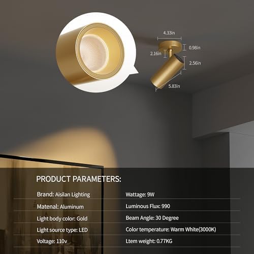 Aisilan 9W LED Dimmable Ceiling Spotlight, Adjustable Directional Surface Flush Mount Lighting, Wall Spot Lights Indoor Accent Fixture for Art Picture Gallery Paintings, CRI 97, 3000K, Gold - Image 6