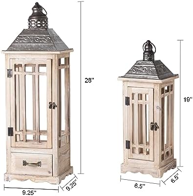 TIMRIS Large Rustic Wooden Metal Decorative Lantern Set of 2, Modern Farmhouse Floor Candle Lanterns with Drawer, Indoor/Outdoor Hanging Lanterns for Home Decor (No Glass) - Image 2