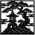 Japanese Pagoda and Bonsai Tree Metal Wall Art Metal Outdoor Decor Metal Signs Elegant Minimalist Aesthetic Home Decor Stunning Zen Garden Decoration for Living Room Bedroom Patio (Black,16inch) by Unknown