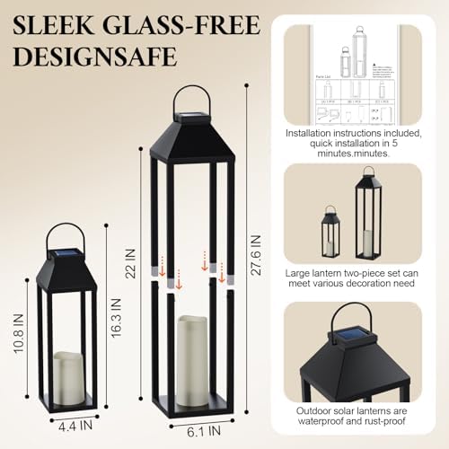 Large Outdoor Solar Lanterns Waterproof, Tall Farmhouse Black Metal Decorative Lanterns Solar Lights Outdoor for Front Porch Decor Outdoor Patio, Garden, Balcony, Porch, 27.6",16.3"-Set of 2 - Image 2