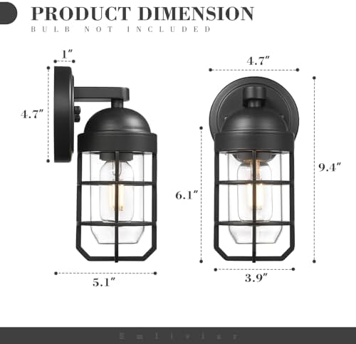 Emliviar Modern Outdoor Wall Light for House Porches, Solid Classic Metal Cage, Retro Charm Exterior Wall Light, Clear Tempered Glass, Black Finish, GE255B BK - Image 6