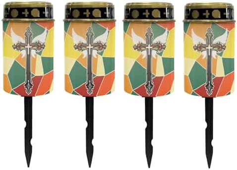 Poceacles Cross Outdoor Lights Solar Powered Flameless Candle Cemetery Votive Candles Waterproof Outdoor Memorial Candle Solar Stake Lights for Grave Cemetery, Gothic Wings Cross Colorful, Pack of 4 by Poceacles