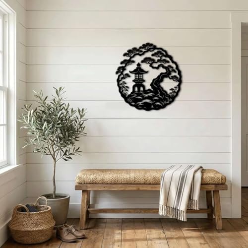 Japanese Garden Pagoda Scene Metal Wall Art Metal Outdoor Decor Metal Signs Zen Minimalist Artwork Elegant Wall Decor Home Decoration for Living Room Bedroom Patio Garden (Black,20inch) - Image 3