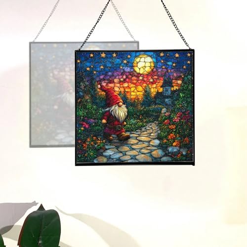 Twilight Garden Gnome Stroll Stained Glass Suncatcher – Square Hanging Window Panel for Home or Greenhouse – Whimsical Glass Art Gift for Garden Lovers, Christmas, Halloween, Father Days CvOKPY - Image 4