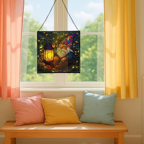 Lantern Gnome Glow Stained Glass Suncatcher – Square Hanging Window Panel for Home or Greenhouse – Whimsical Glass Art Gift for Garden Lovers, Christmas, Halloween, Father Days TWeAHz - Image 5