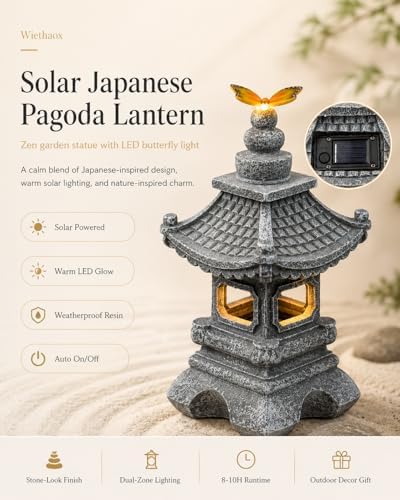 Solar Garden Statue Japanese-Style Pagoda Lantern with Butterfly Light, Waterproof Resin Zen Outdoor Decor for Patio Yard Lawn, Housewarming Gifts for Women - Image 4