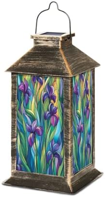 Solar Lantern Irises Hand Cut Stained Glass Purple Green Blue Leaves Organic Outdoor Waterproof Garden Hanging Lantern Solar Powered Lighting Outside Table Lamp for Patio Deck Camping 1 Pack by Unknown