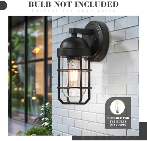 Emliviar Modern Outdoor Wall Light for House Porches, Solid Classic Metal Cage, Retro Charm Exterior Wall Light, Clear Tempered Glass, Black Finish, GE255B BK - Image 5