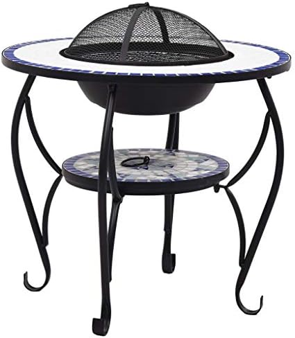 Blue and White Ceramic Mosaic Fire Pit Table 26.8" Outdoor Steel Fire Bowl with Safety Mesh and Poker Tool for Garden Patio Heating and Barbecue - Image 2