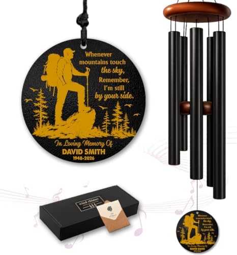 Personalized Hiking Memorial Wind Chime, Custom Name & Year Sympathy Gift, Whenever Mountains Touch Sky Remembrance Windchimes Outdoor Garden Deep Tone by AlpadilCo