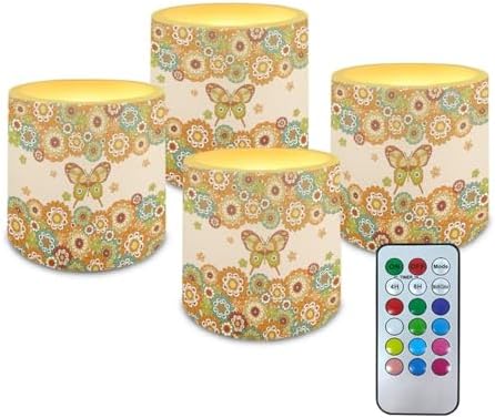 4 PCS Flameless LED Candle with Color Changing Control 4H 8H Timer Remote Electric Pillar Candle for Room Fall Wedding Christmas Decorations Boho Mandala Flower Butterfly by Unknown