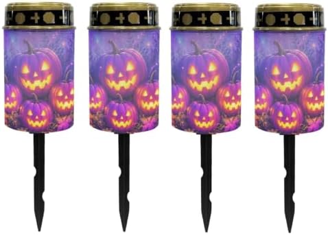 Poceacles Halloween Solar Candle Cemetery Solar Lights for Grave LED Garden Flameless Powered Pathway Lights Outdoor Waterproof with Dusk to Dawn Sensor, Pumpkin Violet, Set of 4 by Poceacles