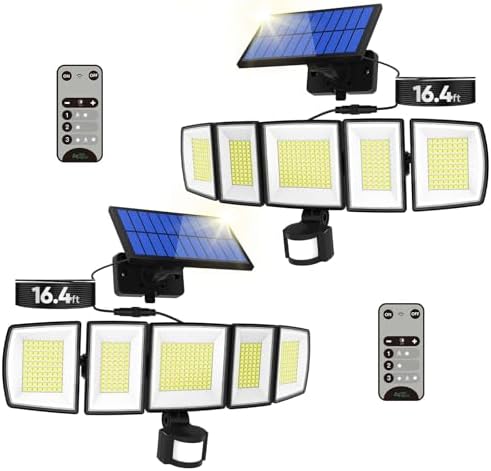 MDCMDCM Solar Motion Lights Outdoor - with 16.4ft Cable, 3000LM LED Security Lights for Outside Dusk to Dawn, IP65 Waterproof Flood Lights with Remote for Court Yard Garage Front Door by MDCMDCMSolarLightsOutdoor