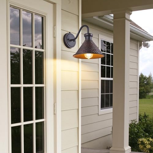 Tarentlight Dusk to Dawn Outdoor Gooseneck Wall Sconce with Dark Sky Cast Hammered Aluminum Shade in Oil Rubbed Bronze Finish,Anti-Rust Waterproof Outdoor Light for Farmhouse Porch Garage,1-Light E26 - Image 2