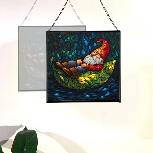 Floating Leaf Gnome Stained Glass Suncatcher – Square Hanging Window Panel for Home or Greenhouse – Whimsical Glass Art Gift for Garden Lovers, Christmas, Halloween, Father Days 1YKS2t - Image 4