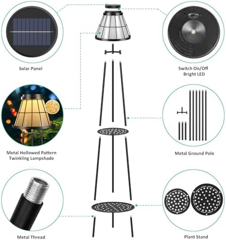 2 Pack Solar Floor Lamps Outdoor with 2-Tier Plant Stand, Metal Tall Planter Holder with Waterproof LED Lantern, Decorative Patio Light & Flower Pot Display Rack for Garden, Deck, Porch, Balcony - Image 6
