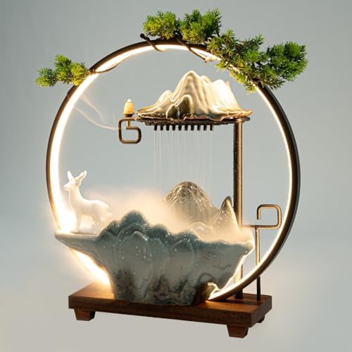 Tabletop Water Fountain Indoor Waterfall with LED Light Ring Backflow Incense Burner Mist Maker Zen Meditation Decor with Deer Statue for Home Office Desktop Relaxation Stress Relief by Gdrasuya10