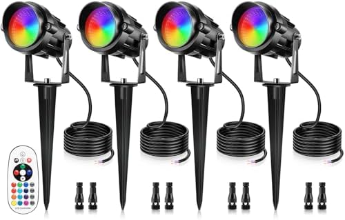 12W RGBW Color Changing Landscape Lights - Low Voltage LED Landscape Lighting, Remote Control Spotlight Outdoor Waterproof Garden Pathway Halloween Christmas Spot Lights, 4 Pack with Connector by LemonBest
