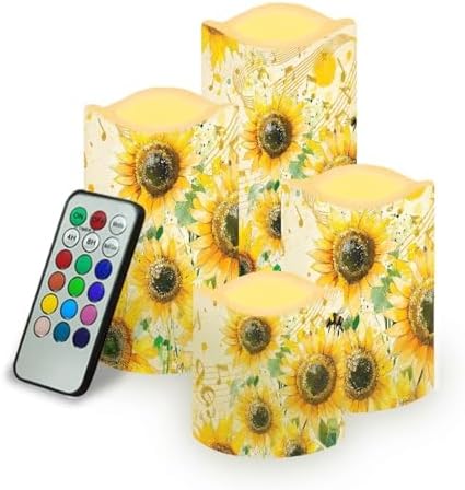 Retro Sunflower Flickering Flameless Candles with Remote and Timer Set of 4 Color Changing Battery Operated Candles for Home Wedding Decoration by Uorisanigo