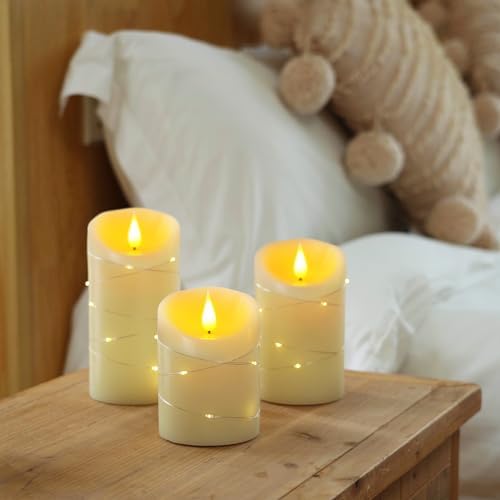 Homemory Flameless Candles with String Lights, 3 Pack Embedded Fairy String Lights LED Candles, Electric Flickering Candles with Remote Control and Timer, Real Wax, Ivory White - Image 2